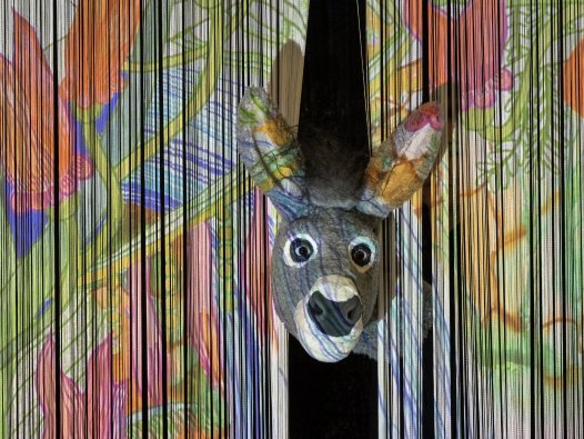 Die Eselin Rosa schaut durch einen Vorhang. | © Figurentheater Ute Kahmann